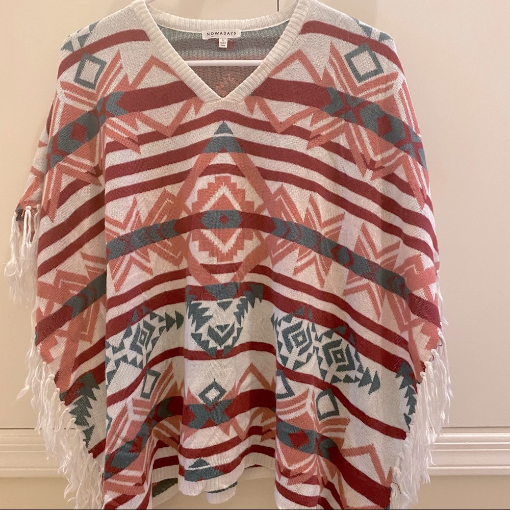 Pink White and Turquoise Large Poncho